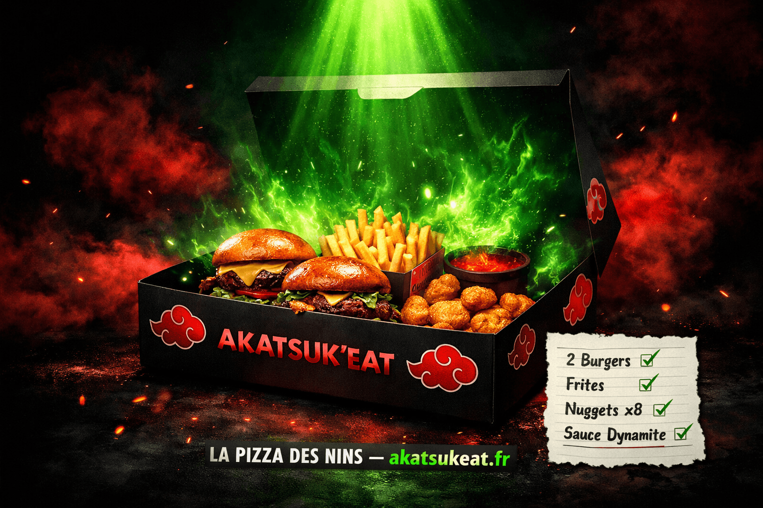 BOX GENIN Akatsuk'Eat — 2 Burgers, Frites maison, 8 Nuggets, Sauce Dynamite
