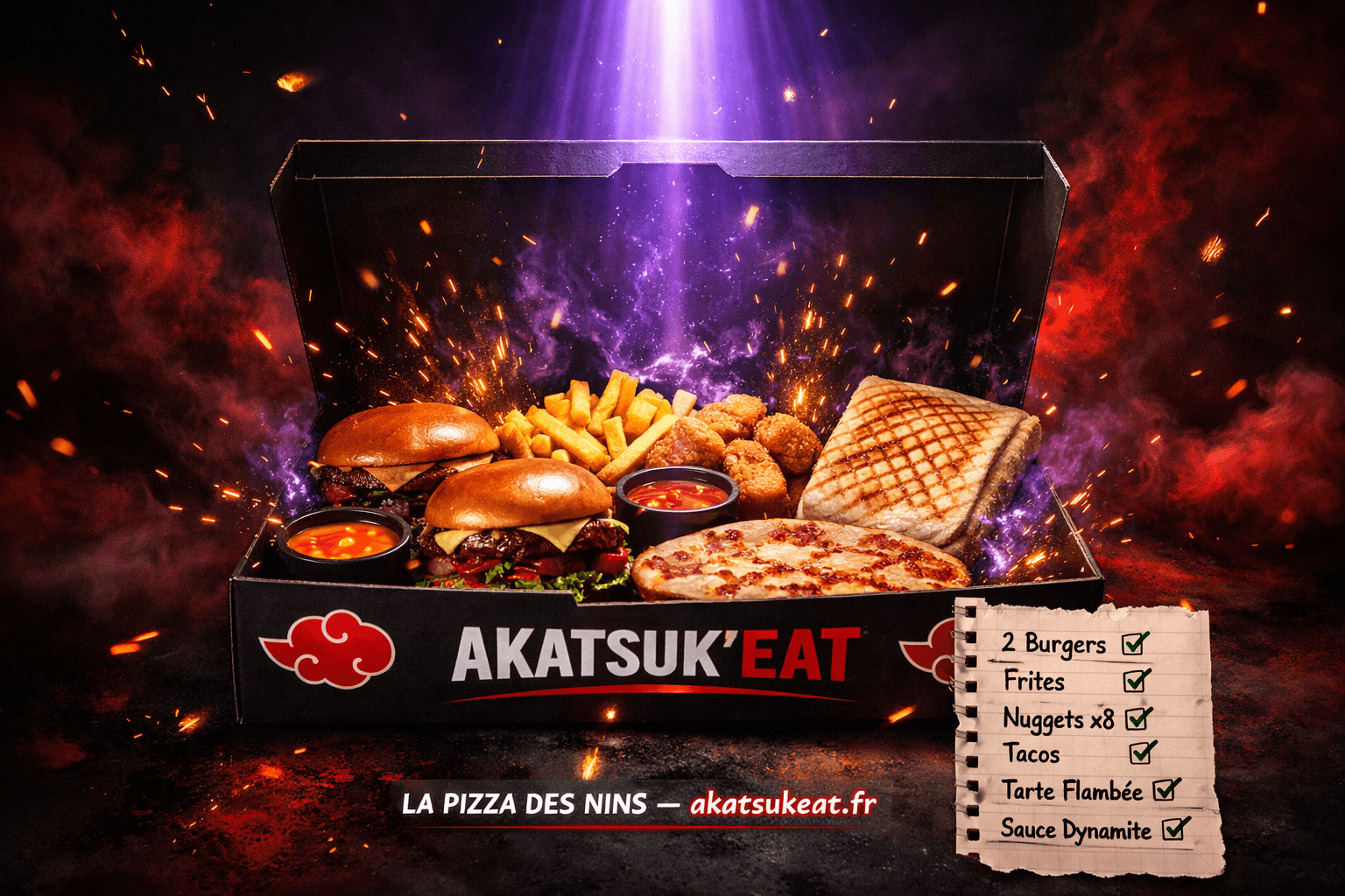 BOX JONIN Akatsuk'Eat — 2 Burgers, Frites maison, 8 Nuggets, Sauce Dynamite, Tarte flambée, French Tacos