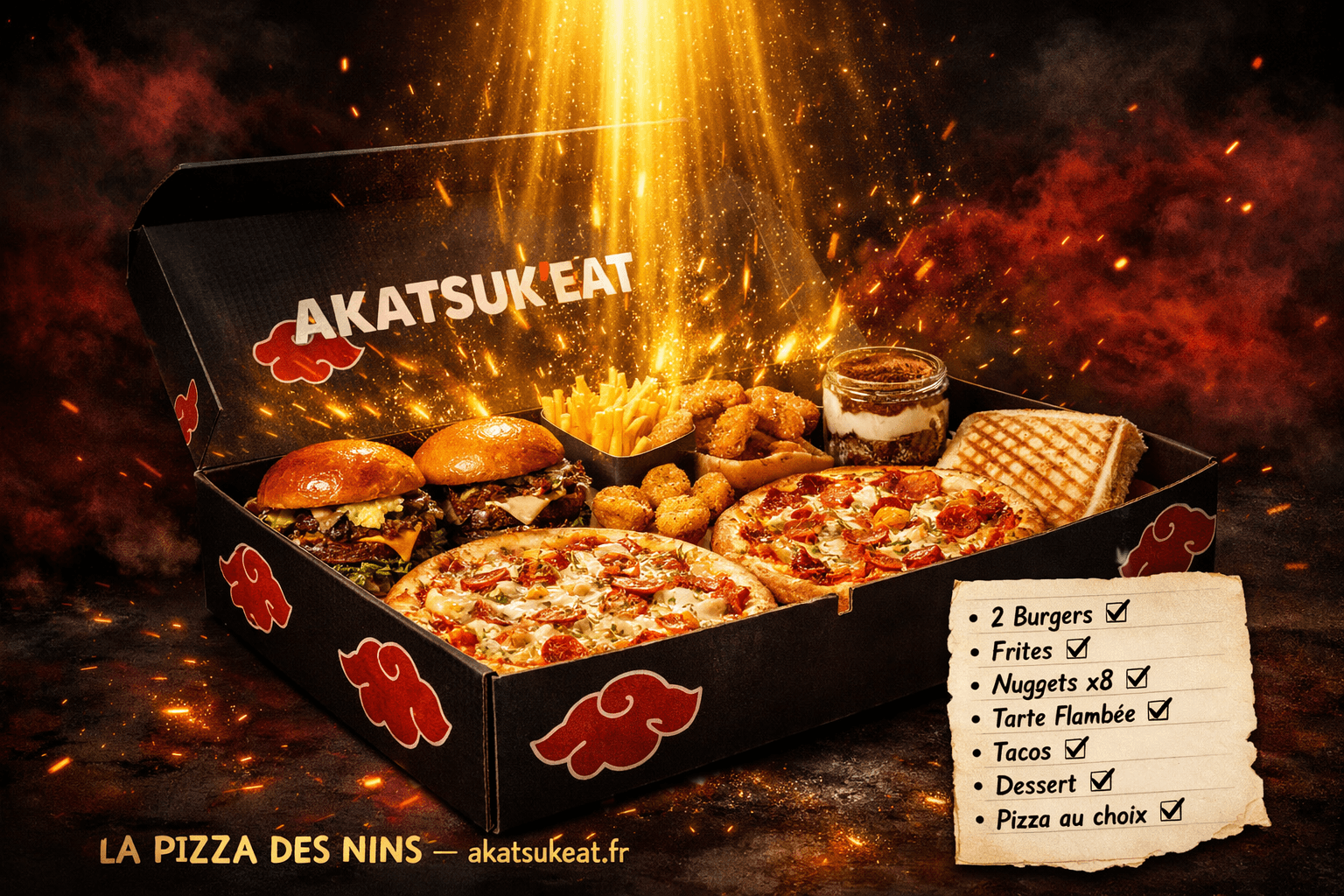 BOX KAGE Akatsuk'Eat — 2 Burgers, Frites maison, 8 Nuggets, Sauce Dynamite, Tarte flambée, French Tacos, Pizza au choix, Dessert